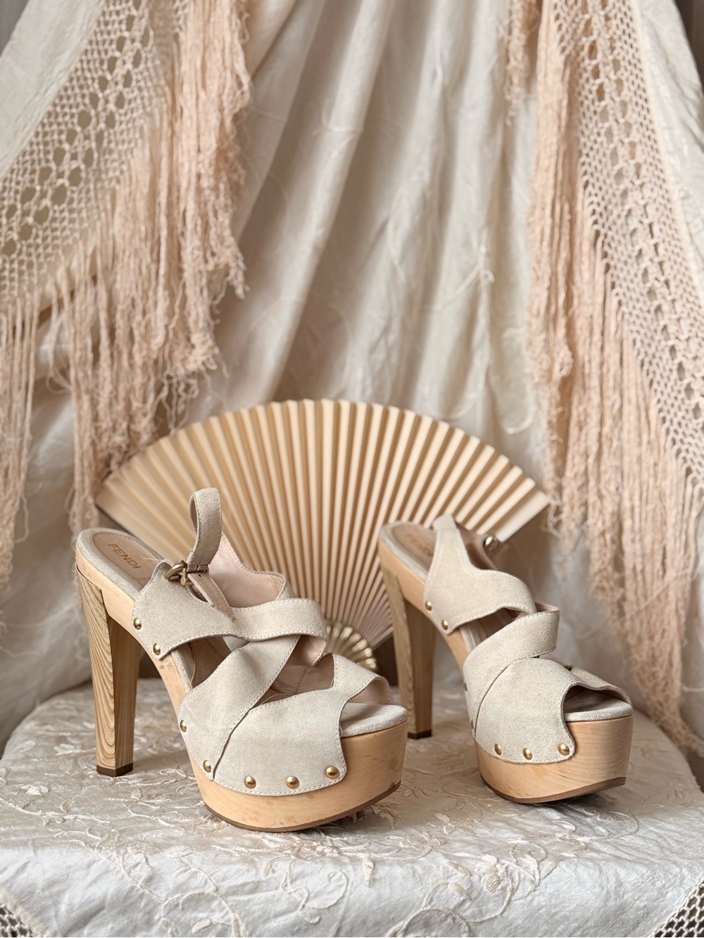 Vintage FENDI Beige Suede Platform Heels Wood Chunky Heel Studded Sandals y2k